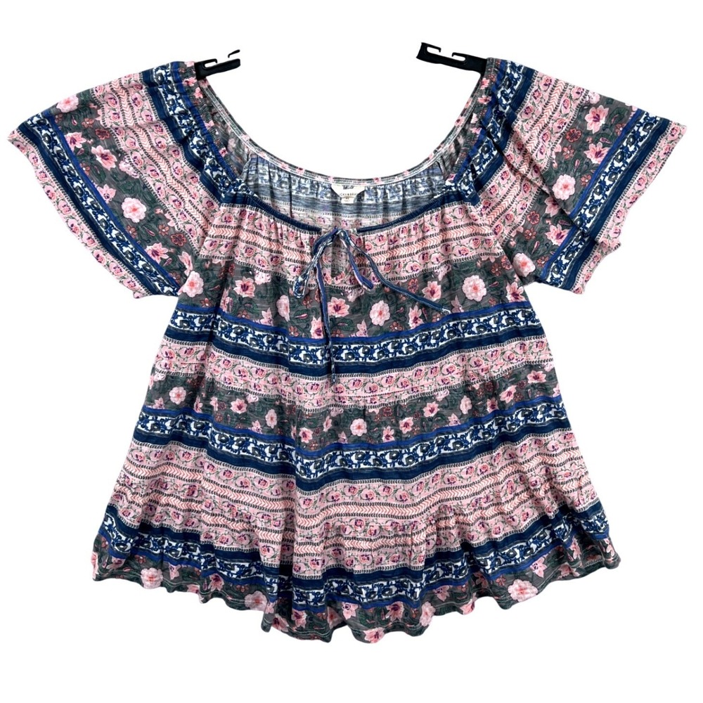 Lucky Brand Peasant Top Womens XL‎ Pink Blue Floral Boho Off Shoulder Blouse
